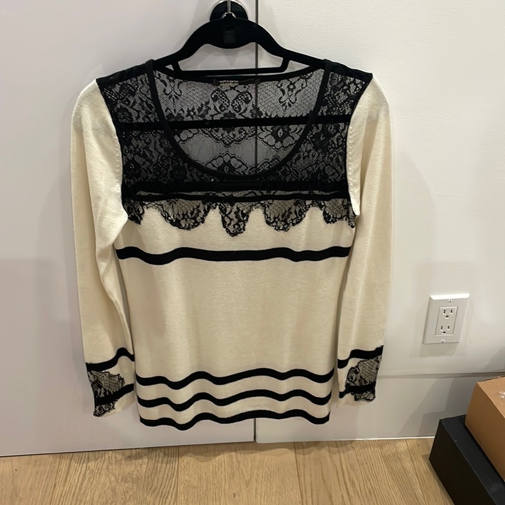 Cream and black wool sweater with lace details
